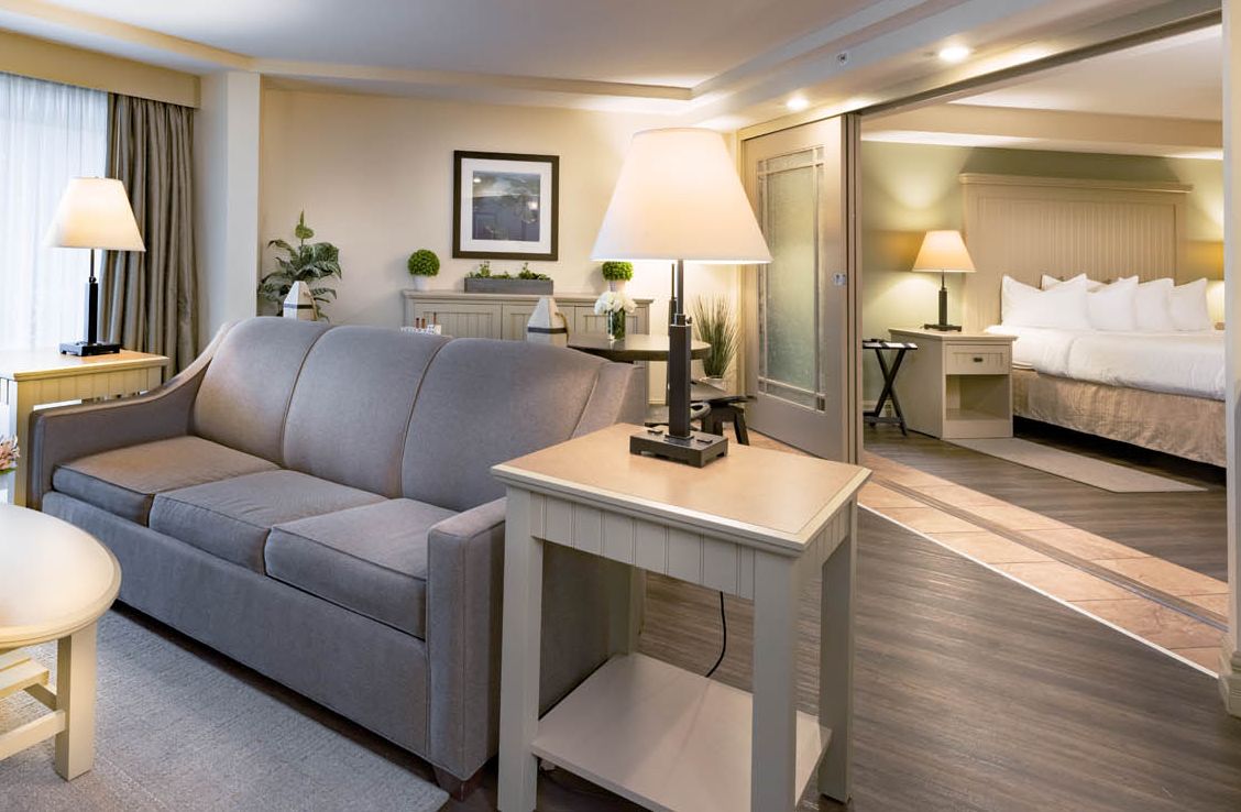 A guest suite at the 1000 Islands Harbor Hotel, with a view of living area